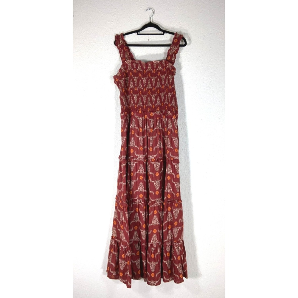 Cotton & Rye Red Rust Print Tiered Maxi Dress - L - Southwestern / School Spirit